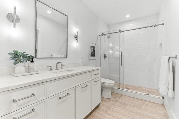 Bathroom, Glass Shower, Interior, Recessed Lighting, Wood Texture Flooring