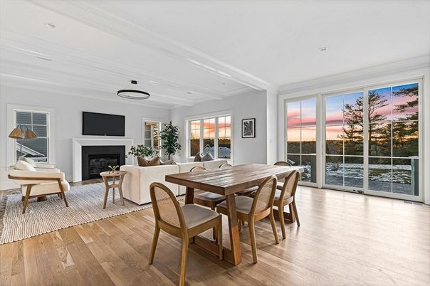 Dining room, Fireplace, Interior, Living room, Recessed Lighting, Wood Texture Flooring