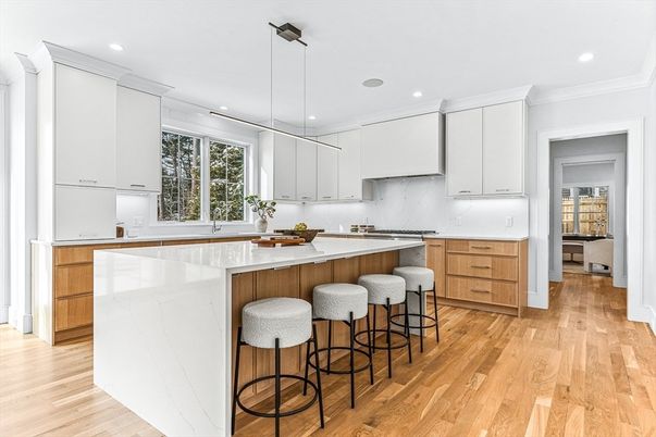 Interior, Kitchen, Marble Walls, Pendant Lights, Recessed Lighting, Wood Texture Flooring