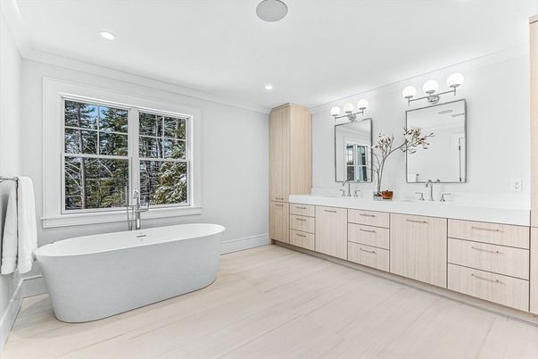 Bathroom, Dual Sink Vanities, Free Standing Baths, Interior, Recessed Lighting, Wood Texture Flooring