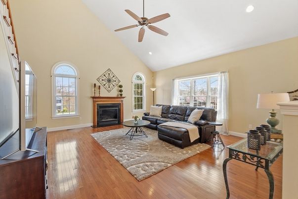 Fireplace, Interior, Living room, Recessed Lighting, Wood Texture Flooring