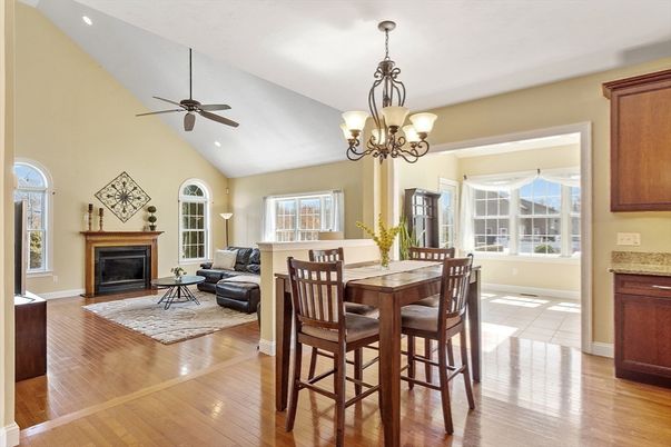 Chandelier, Dining room, Fireplace, Interior, Living room, Wood Texture Flooring