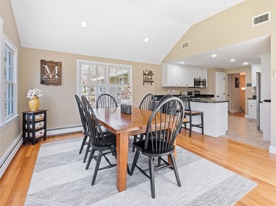 Dining room, Interior, Kitchen, Recessed Lighting, Stainless Steel Appliances, Wood Texture Flooring