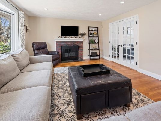Fireplace, Interior, Living room, Recessed Lighting, Wood Texture Flooring