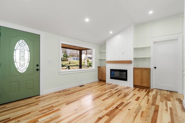 Empty room, Fireplace, Interior, Recessed Lighting, Wood Texture Flooring