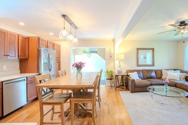 Dining room, Interior, Kitchen, Living room, Pendant Lights, Recessed Lighting, Stainless Steel Appliances, Wood Texture Flooring