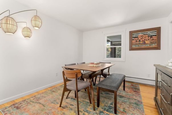 Dining room, Interior, Pendant Lights, Wood Texture Flooring