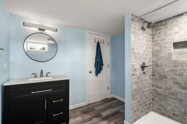 Bathroom, Interior, Stone Walls, Wood Texture Flooring