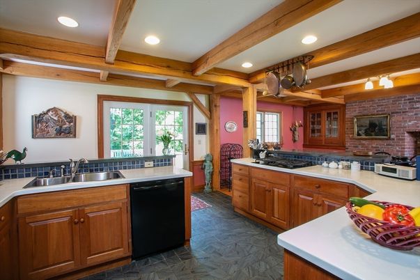 Interior, Kitchen, Recessed Lighting, Stainless Steel Appliances, Stone Walls, Wooden Beams