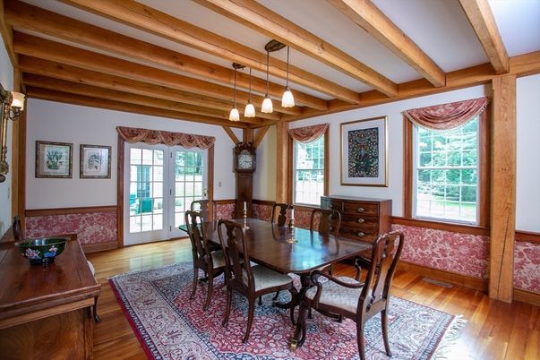 Dining room, Interior, Pendant Lights, Wooden Beams, Wood Texture Flooring