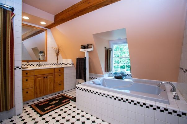 Bathroom, Dual Sink Vanities, Interior, Recessed Lighting, Tile Countertops, Wooden Beams