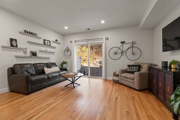 Fireplace, Interior, Living room, Recessed Lighting, Wood Texture Flooring