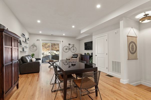 Dining room, Interior, Living room, Recessed Lighting, Wood Texture Flooring