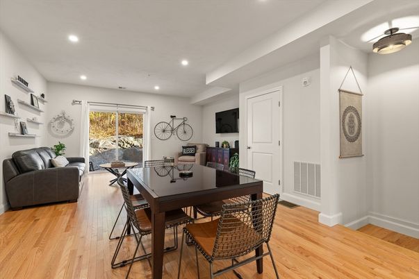 Dining room, Interior, Living room, Recessed Lighting, Wood Texture Flooring