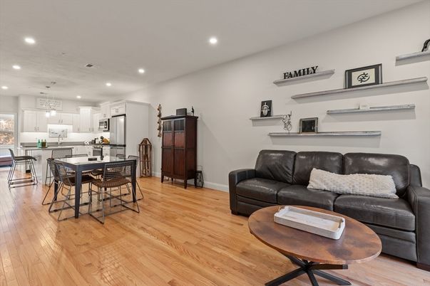 Dining room, Interior, Kitchen, Living room, Pendant Lights, Recessed Lighting, Stainless Steel Appliances, Wood Texture Flooring