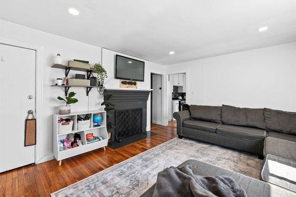 Fireplace, Interior, Kitchen, Living room, Recessed Lighting, Wood Texture Flooring