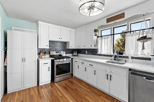 Interior, Kitchen, Pendant Lights, Stainless Steel Appliances, Wood Texture Flooring