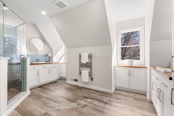 Bathroom, Glass Shower, Interior, Recessed Lighting, Wood Texture Flooring