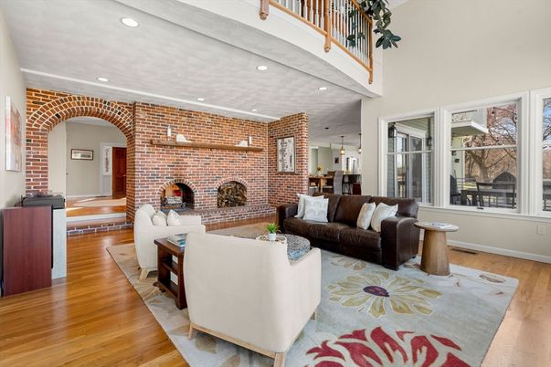 Fireplace, Interior, Living room, Pendant Lights, Recessed Lighting, Stone Walls, Wood Texture Flooring