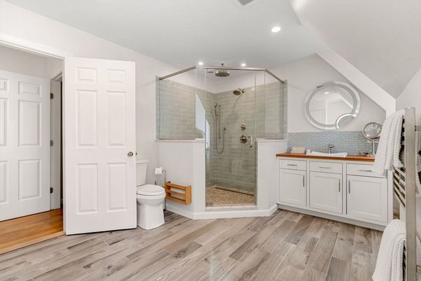 Bathroom, Glass Shower, Interior, Recessed Lighting, Wood Texture Flooring