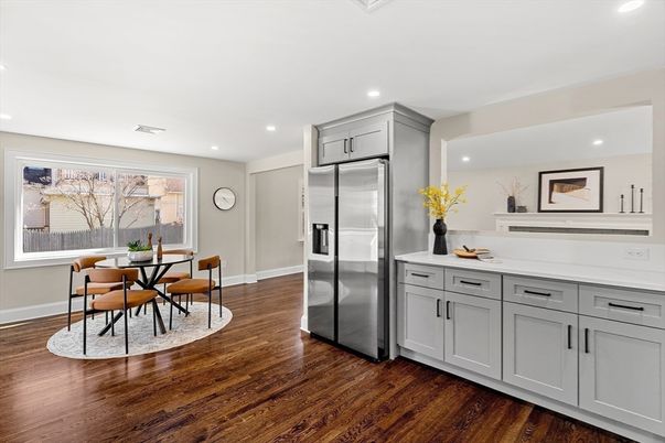 Dining room, Interior, Kitchen, Recessed Lighting, Stainless Steel Appliances, Wood Texture Flooring