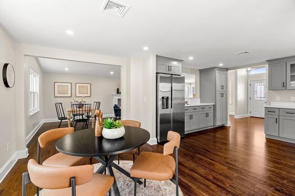 Dining room, Interior, Kitchen, Recessed Lighting, Stainless Steel Appliances, Wood Texture Flooring