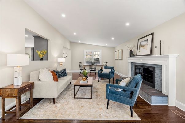 Dining room, Fireplace, Interior, Living room, Recessed Lighting, Wood Texture Flooring