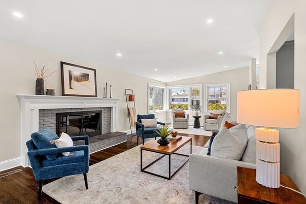 Fireplace, Interior, Living room, Recessed Lighting, Wood Texture Flooring