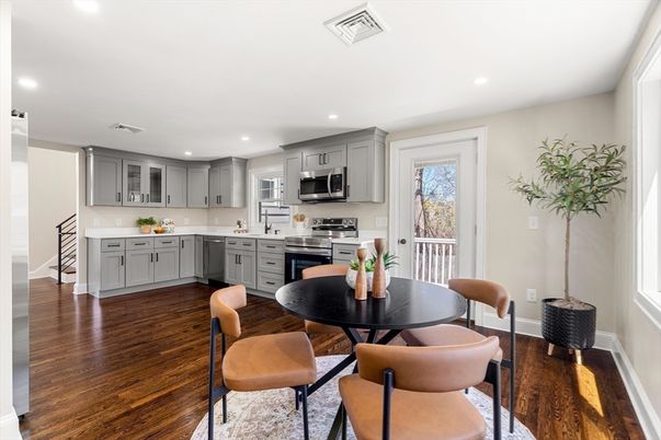Dining room, Interior, Kitchen, Recessed Lighting, Stainless Steel Appliances, Wood Texture Flooring