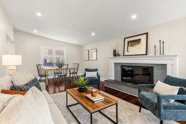 Dining room, Fireplace, Interior, Living room, Recessed Lighting, Wood Texture Flooring