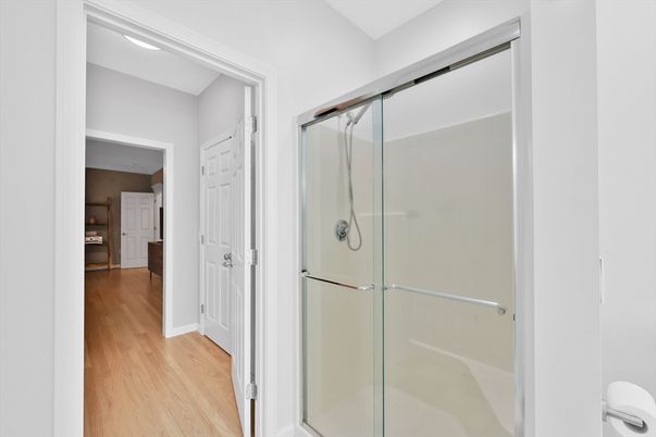 Bathroom, Glass Shower, Interior, Wood Texture Flooring