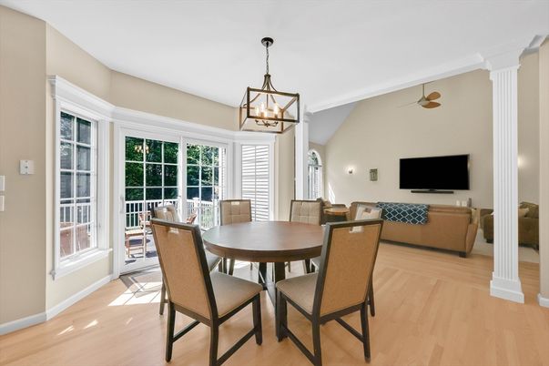 Dining room, Interior, Living room, Pendant Lights, Wood Texture Flooring
