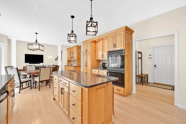 Dining room, Interior, Kitchen, Pendant Lights, Wood Texture Flooring