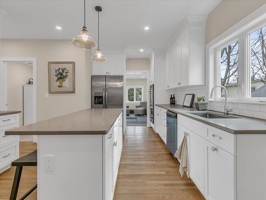 Interior, Kitchen, Pendant Lights, Recessed Lighting, Stainless Steel Appliances, Wood Texture Flooring