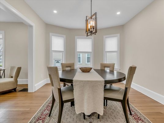 Dining room, Interior, Pendant Lights, Recessed Lighting, Wood Texture Flooring