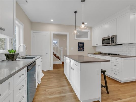 Interior, Kitchen, Pendant Lights, Recessed Lighting, Stainless Steel Appliances, Wood Texture Flooring