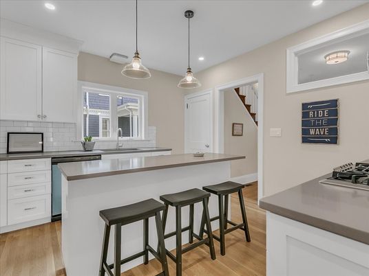 Interior, Kitchen, Pendant Lights, Recessed Lighting, Wood Texture Flooring