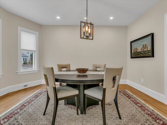 Dining room, Interior, Pendant Lights, Recessed Lighting, Wood Texture Flooring
