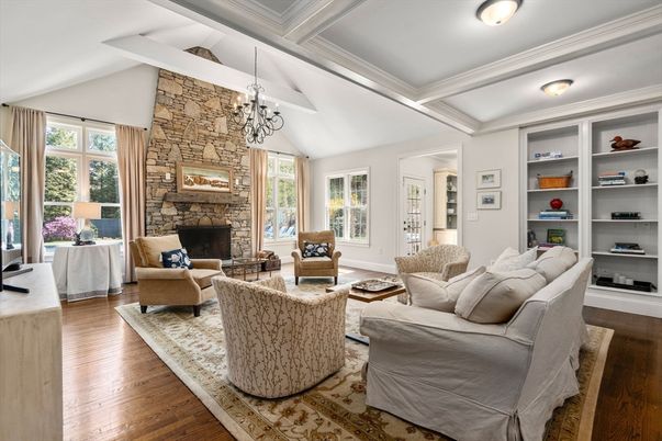 Fireplace, Interior, Living room, Pendant Lights, Stone Walls, Wood Texture Flooring