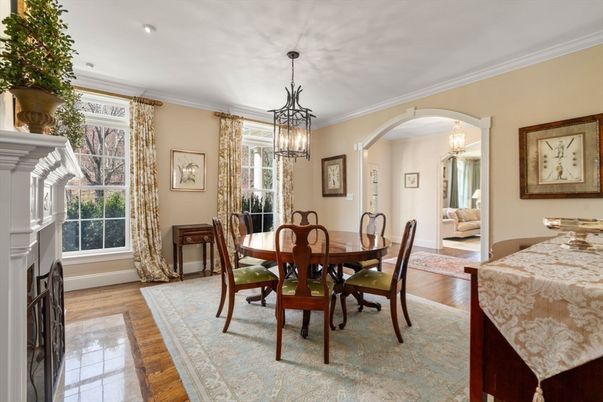 Dining room, Fireplace, Interior, Pendant Lights, Recessed Lighting, Wood Texture Flooring