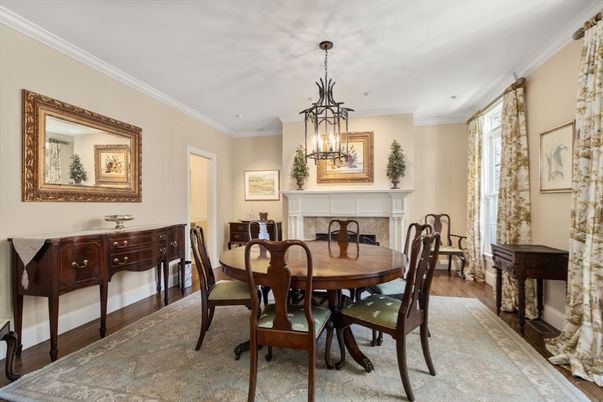 Dining room, Fireplace, Interior, Pendant Lights, Wood Texture Flooring