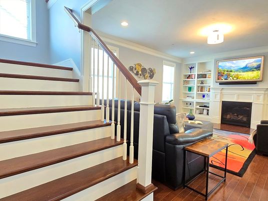 Fireplace, Interior, Living room, Recessed Lighting, Wood Texture Flooring