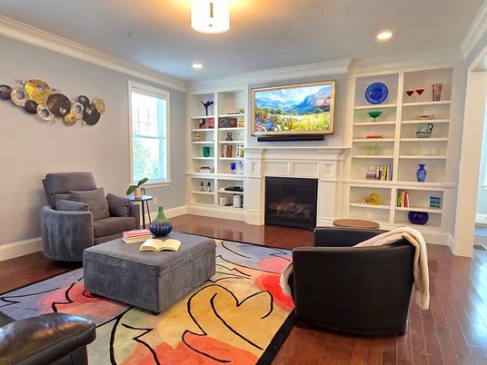 Fireplace, Interior, Living room, Recessed Lighting, Wood Texture Flooring