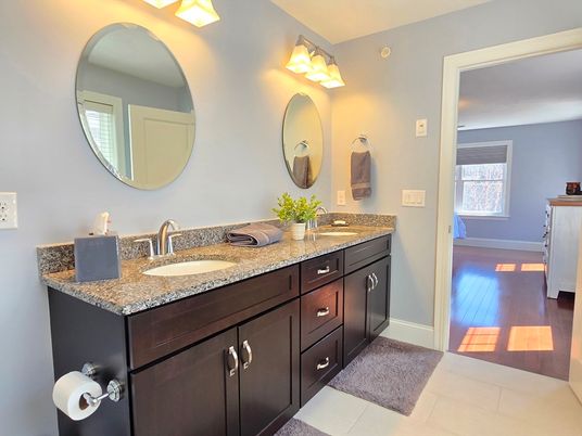 Bathroom, Dual Sink Vanities, Interior, Wood Texture Flooring