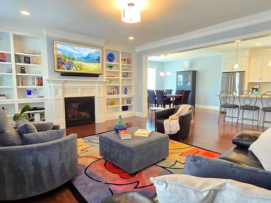 Dining room, Fireplace, Interior, Kitchen, Living room, Pendant Lights, Recessed Lighting, Wood Texture Flooring