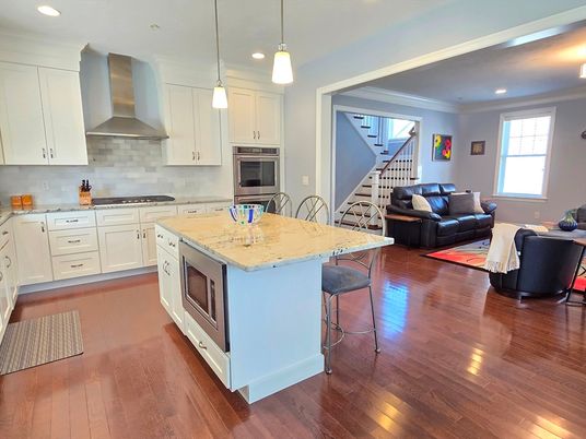 Interior, Kitchen, Living room, Pendant Lights, Recessed Lighting, Stainless Steel Appliances, Wood Texture Flooring