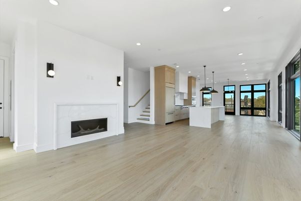 Fireplace, Interior, Kitchen, Pendant Lights, Recessed Lighting, Wood Texture Flooring