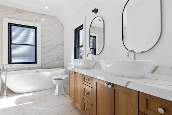 Bathroom, Dual Sink Vanities, Free Standing Baths, Interior, Marble, Marble Walls, Recessed Lighting