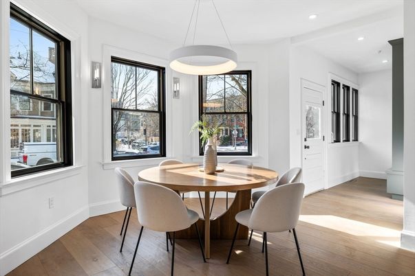 Dining room, Interior, Pendant Lights, Recessed Lighting, Wood Texture Flooring