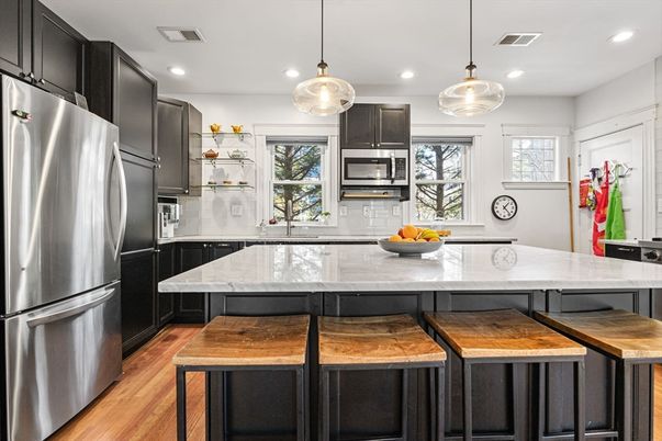 Interior, Kitchen, Pendant Lights, Recessed Lighting, Wood Texture Flooring